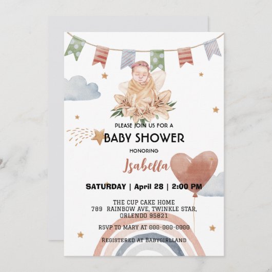 かわいいアフリカ系アメリカ人の女の子の赤ちゃんシャワー 招待状 (正面/裏面)