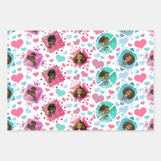 かわいいアフリカ系アメリカ人の女の子 – ハート柄 ラッピングペーパーシート (正面)