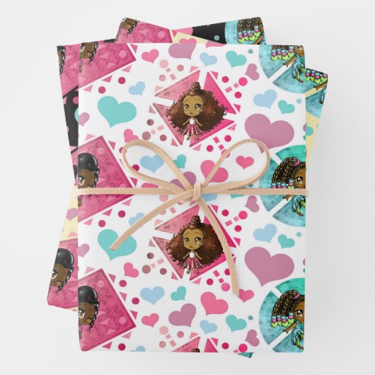 かわいいアフリカ系アメリカ人の女の子 – ハート柄 ラッピングペーパーシート (インサイチュ)