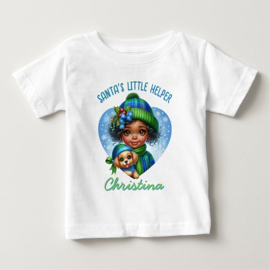 かわいいアフリカ系アメリカ人の子犬の冬の少女 ベビーTシャツ (正面)