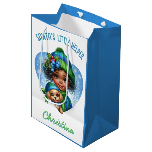 かわいいアフリカ系アメリカ人の子犬の冬の少女 ミディアムペーパーバッグ (正面アングル)