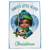 かわいいアフリカ系アメリカ人の子犬の冬の少女 ミディアムペーパーバッグ (裏面)