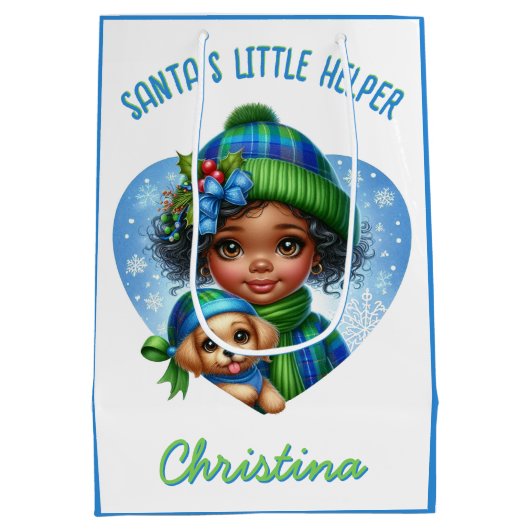 かわいいアフリカ系アメリカ人の子犬の冬の少女 ミディアムペーパーバッグ (裏面)