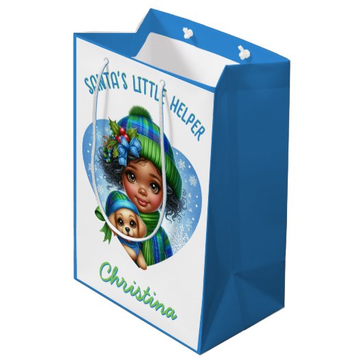 かわいいアフリカ系アメリカ人の子犬の冬の少女 ミディアムペーパーバッグ (裏面アングル)