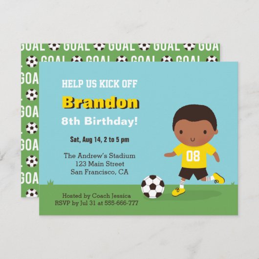かわいいアフリカ系アメリカ人の男の子のサッカーの誕生会 招待状 (正面/裏面)