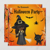 かわいいアフリカ系アメリカ人の魔女&キャットハローウィンパーティ 招待状 (正面/裏面)