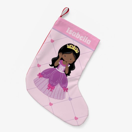 かわいいアフリカ系アメリカ人プリンセスガールピンクの子供たち スモールクリスマスストッキング (正面 (吊り時))