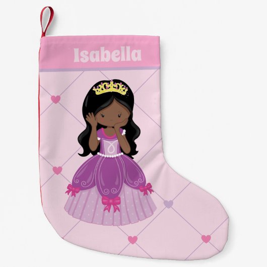 かわいいアフリカ系アメリカ人プリンセスガールピンクの子供たち スモールクリスマスストッキング (正面)