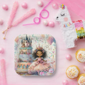 かわいいアフリカ系アメリカ人プリンセスピンクキャッスルケーキ ペーパープレート (パーティー)