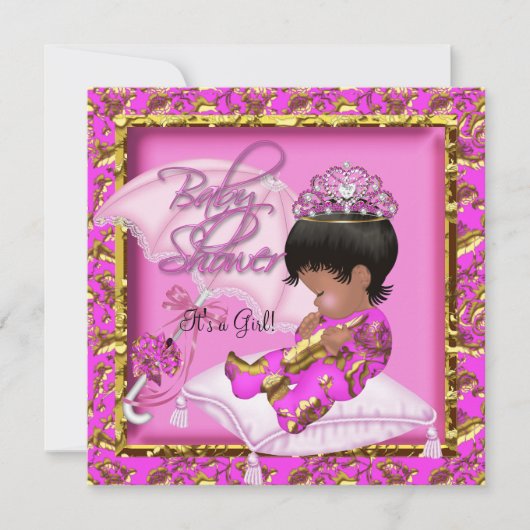かわいいアフリカ系アメリカ人ベビーシャワーピンク金ゴールド 招待状 (正面)