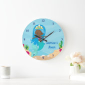 かわいいアフリカ系アメリカ人マーメイドビーチガールキッズルーム ラージ壁時計 (ホーム)