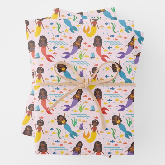 かわいいアフリカ系アメリカ人人魚の波ヒトデの海 ラッピングペーパーシート (インサイチュ)