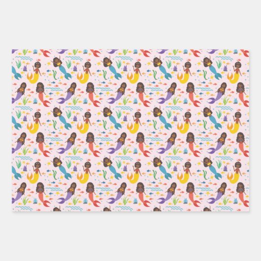 かわいいアフリカ系アメリカ人人魚の波ヒトデの海 ラッピングペーパーシート (正面)