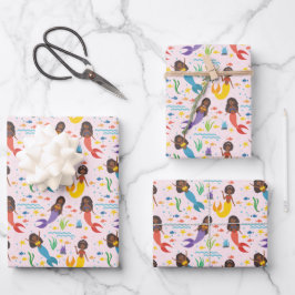 かわいいアフリカ系アメリカ人人魚の波ヒトデの海 ラッピングペーパーシート