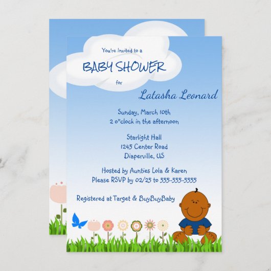 かわいいアフリカ系アメリカ人男の赤ちゃんシャワー招待状 セーブザデート (正面/裏面)