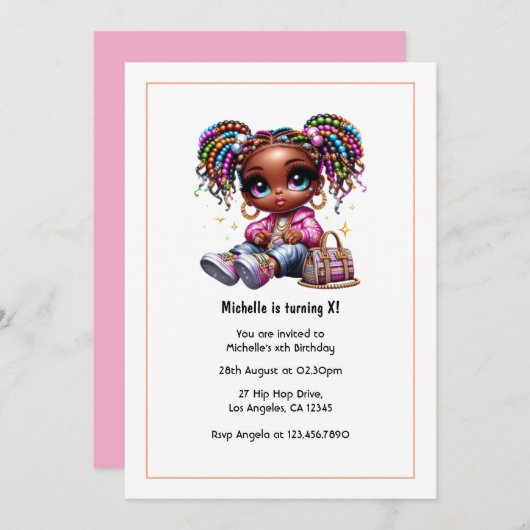 かわいいアフロセントリックな女の子の誕生日パーティー 招待状 (正面/裏面)