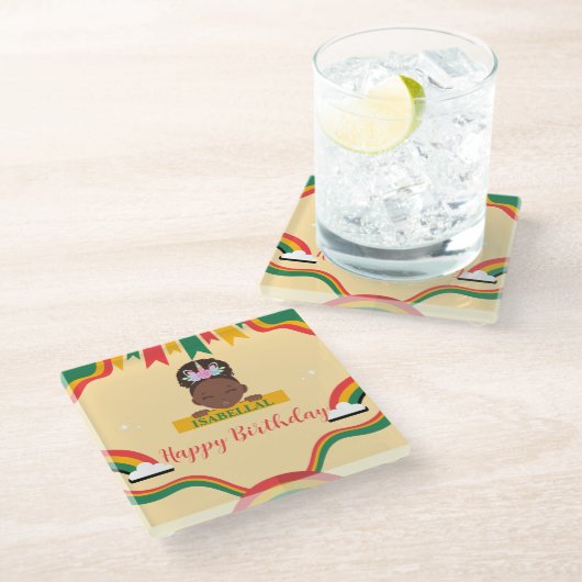 かわいいアフロユニコーンアフリカ系アメリカ人の女の子誕生日 ガラスコースター (アングル)