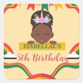 かわいいアフロユニコーンアフリカ系アメリカ人の女の子誕生日 スクエアシール (正面)