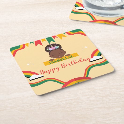 かわいいアフロユニコーンアフリカ系アメリカ人の女の子誕生日 スクエアペーパーコースター (アングル)