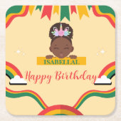 かわいいアフロユニコーンアフリカ系アメリカ人の女の子誕生日 スクエアペーパーコースター (正面)