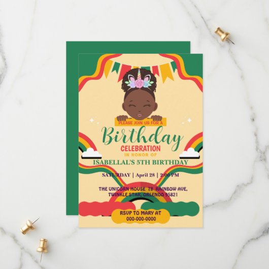 かわいいアフロユニコーンアフリカ系アメリカ人の女の子誕生日 セーブザデート (正面/裏面インサイチュ)