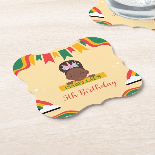 かわいいアフロユニコーンアフリカ系アメリカ人の女の子誕生日 ペーパーコースター (アングル)