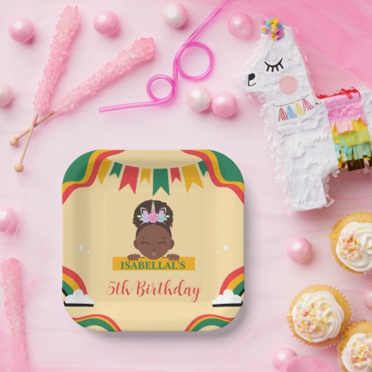 かわいいアフロユニコーンアフリカ系アメリカ人の女の子誕生日 ペーパープレート (パーティー)