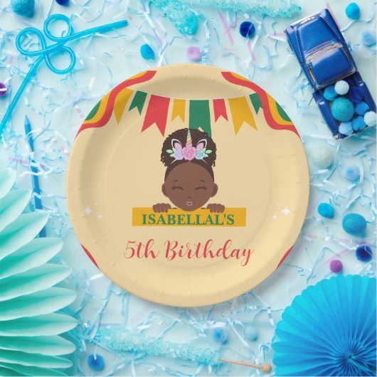 かわいいアフロユニコーンアフリカ系アメリカ人の女の子誕生日 ペーパープレート (パーティー)