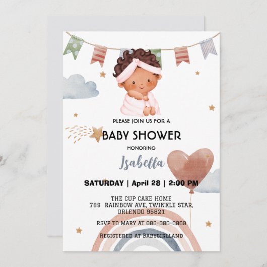 かわいいアフロレインボースターバルーンベビーシャワーパーティー 招待状 (正面/裏面)