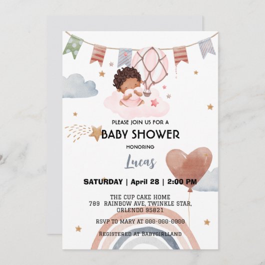 かわいいアフロレインボースターバルーンベビーシャワーパーティー 招待状 (正面/裏面)