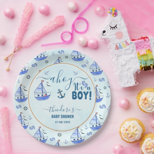 かわいいアホイ男の子の帆船の赤航海のちゃんシャワー ペーパープレート (パーティー)