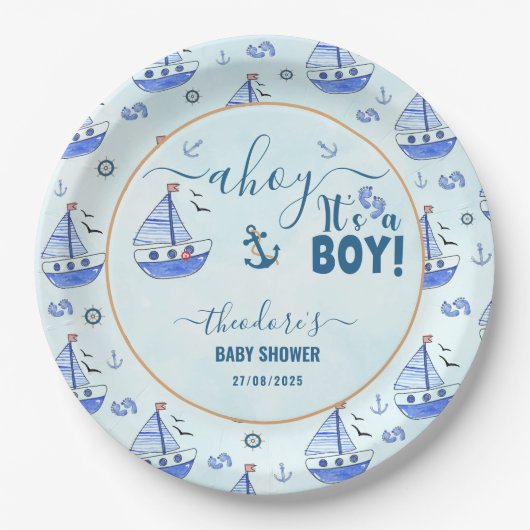かわいいアホイ男の子の帆船の赤航海のちゃんシャワー ペーパープレート (正面)