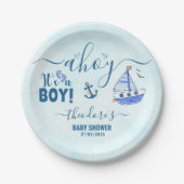 かわいいアホイ男の子の帆船の赤航海のちゃんシャワー ペーパープレート (正面)