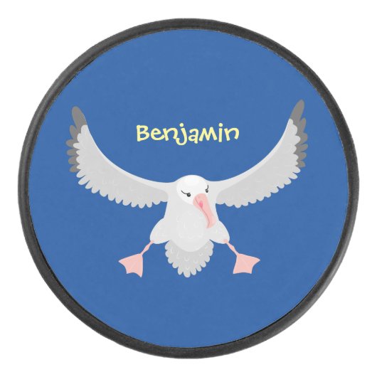 かわいいアホウドリ飛んでいるのイラストレーション アイスホッケーパック (正面)