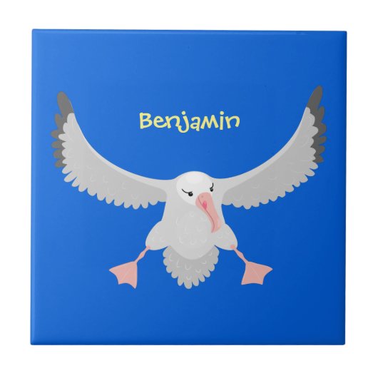 かわいいアホウドリ飛んでいるのイラストレーション タイル (正面)