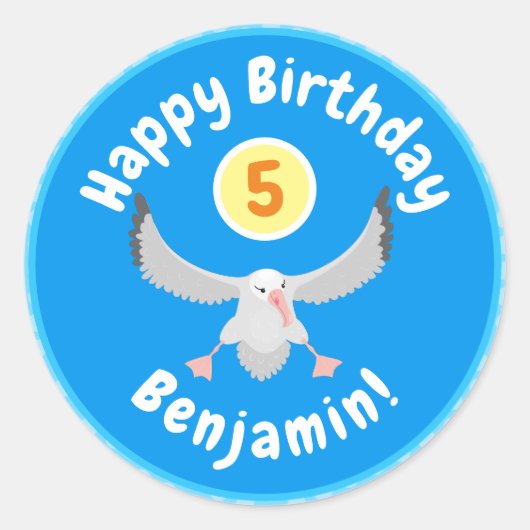 かわいいアホウドリ飛んでいるのイラストレーション ラウンドシール (正面)