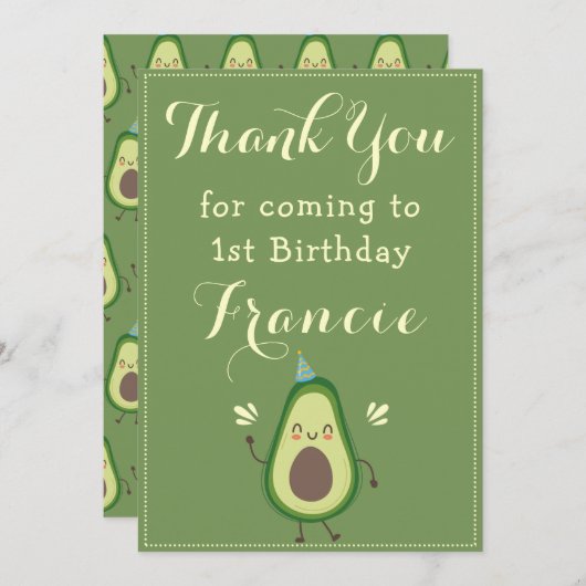 かわいいアボカドカラフルパーソナライズ一次誕生日 サンキューカード (正面/裏面)