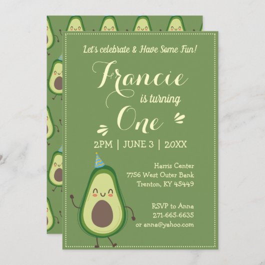 かわいいアボカドカラフルパーソナライズ一次誕生日 招待状 (正面/裏面)