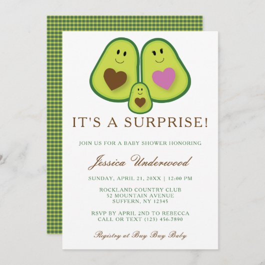 かわいいアボカド男女兼用赤ちゃんシャワー 招待状 (正面/裏面)