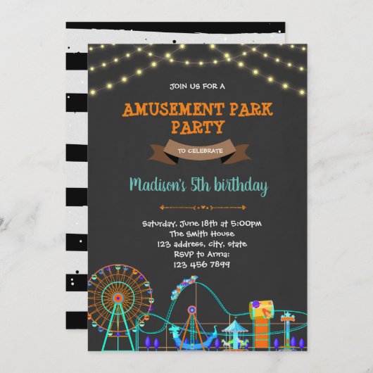 かわいいアミューズメントパークchalkboard誕生日 招待状 (正面/裏面)