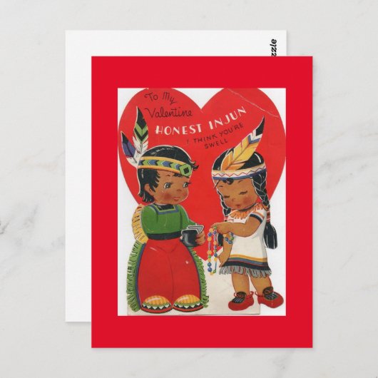 かわいいアメリカインディアンの子供たちヴィンテージバレンタイン ポストカード (正面/裏面)