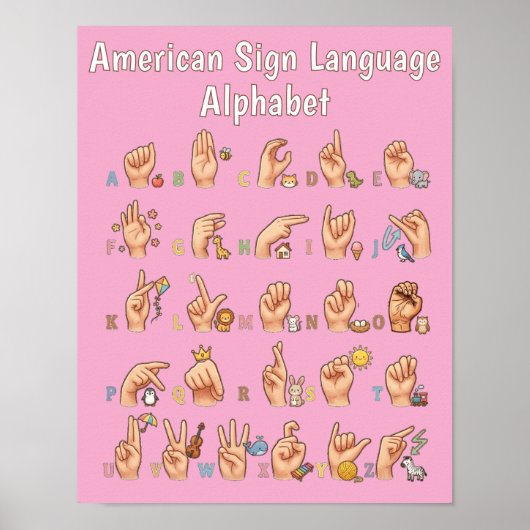 かわいいアメリカ手話アルファベットチャート ポスター (正面)