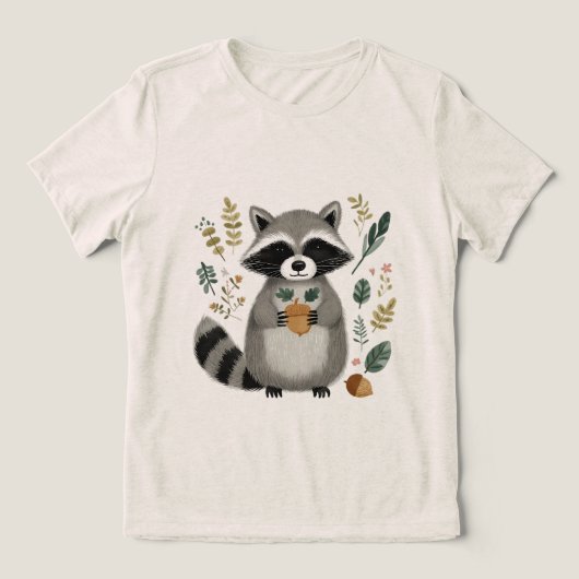 かわいいアライグマがどんぐりを持つ トライブレンドＴシャツ (デザイン正面)