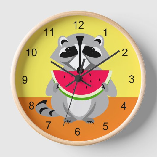 かわいいアライグマがスイカを食べる 壁時計 (正面)