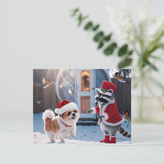 かわいいアライグマとかわいい犬のフェスティバルクリスマス ポストカード (スタンド正面)