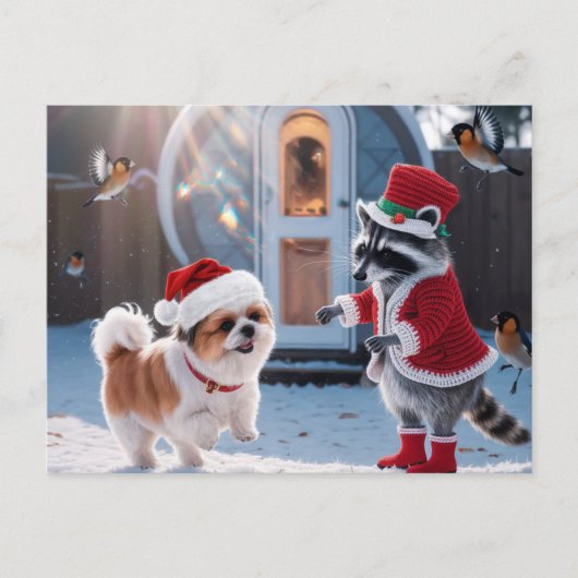 かわいいアライグマとかわいい犬のフェスティバルクリスマス ポストカード (正面)