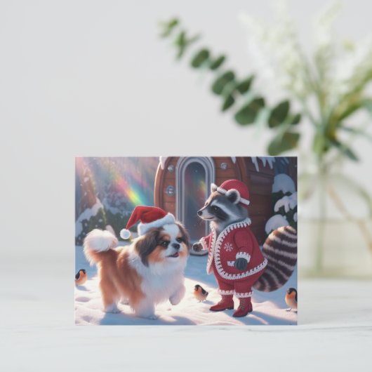かわいいアライグマととても可愛い犬のフェスティバルクリスマス ポストカード (スタンド正面)