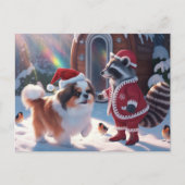 かわいいアライグマととても可愛い犬のフェスティバルクリスマス ポストカード (正面)