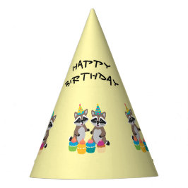 かわいいアライグマとカップケーキ お誕生日おめでとう 黄色 パーティーハット