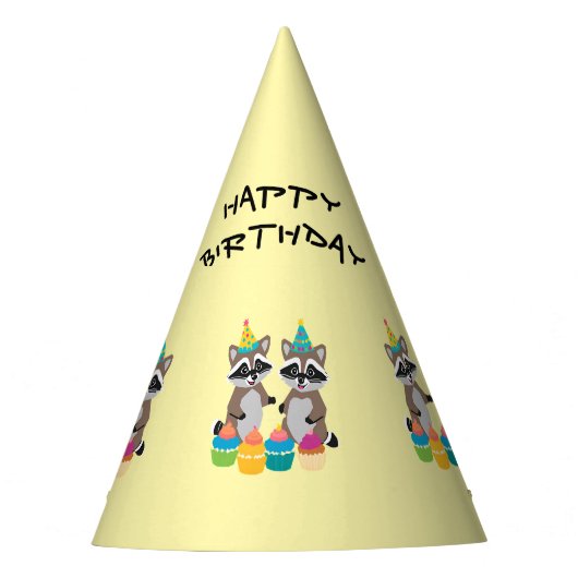かわいいアライグマとカップケーキ お誕生日おめでとう 黄色 パーティーハット (正面)